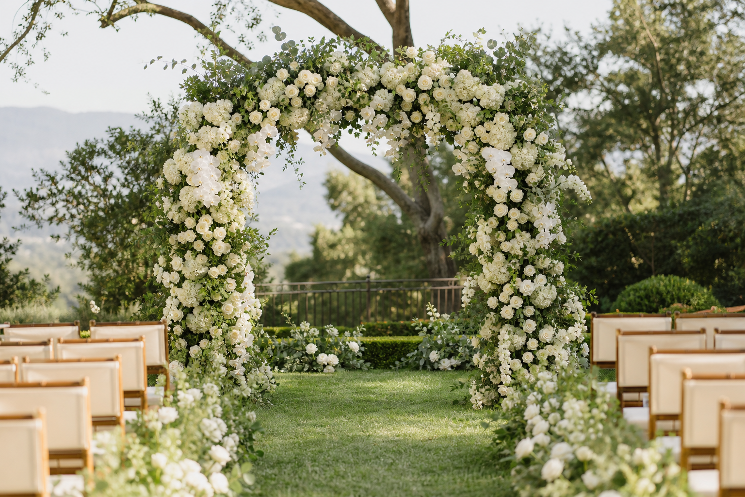 White and green floral arch at outdoor wedding ceremony